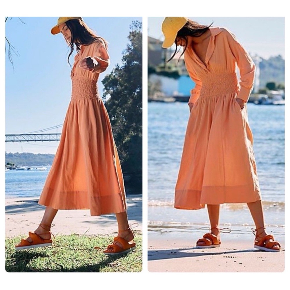 Free People Medium Monika Shirt Dress Smocked Waist Deep V-Neck Autumn Peach EUC - Picture 2 of 14